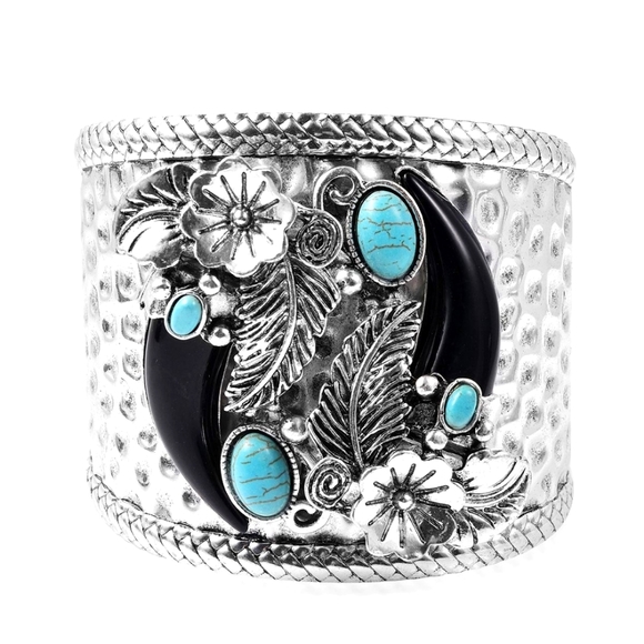 Cuff Bracelet, blue howlite crystal and silver chroma. Southwestern motif. 7.5" - Picture 1 of 6